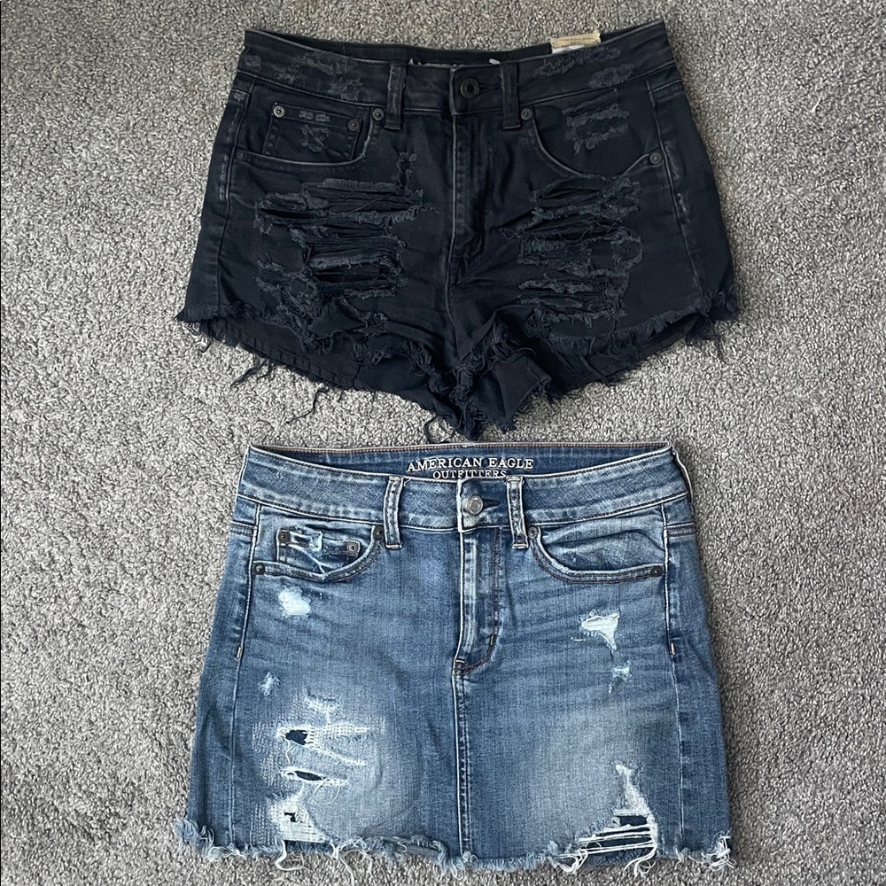 American eagle jean distressed super stretch denim skirt and black shorts bundle